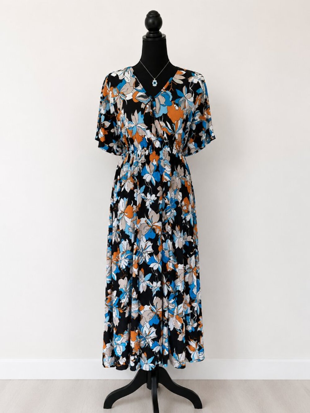 2PC Floral Maxi Dress Set | Blue Orange White V-Neck Dress/Evil Eye Necklace M/L